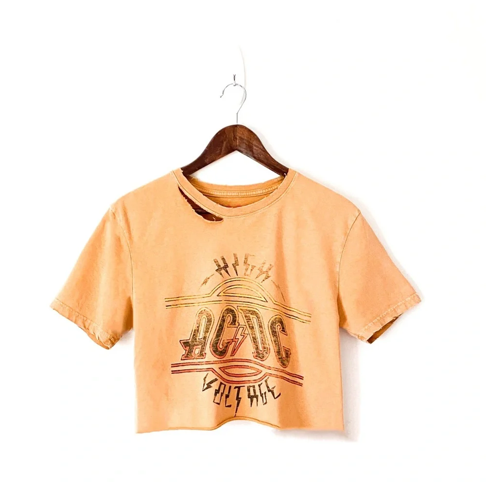 ACDC Destroyed High Voltage Raw Cropped Rock Grunge Music Band Tee Crop Top - Picture 1 of 2